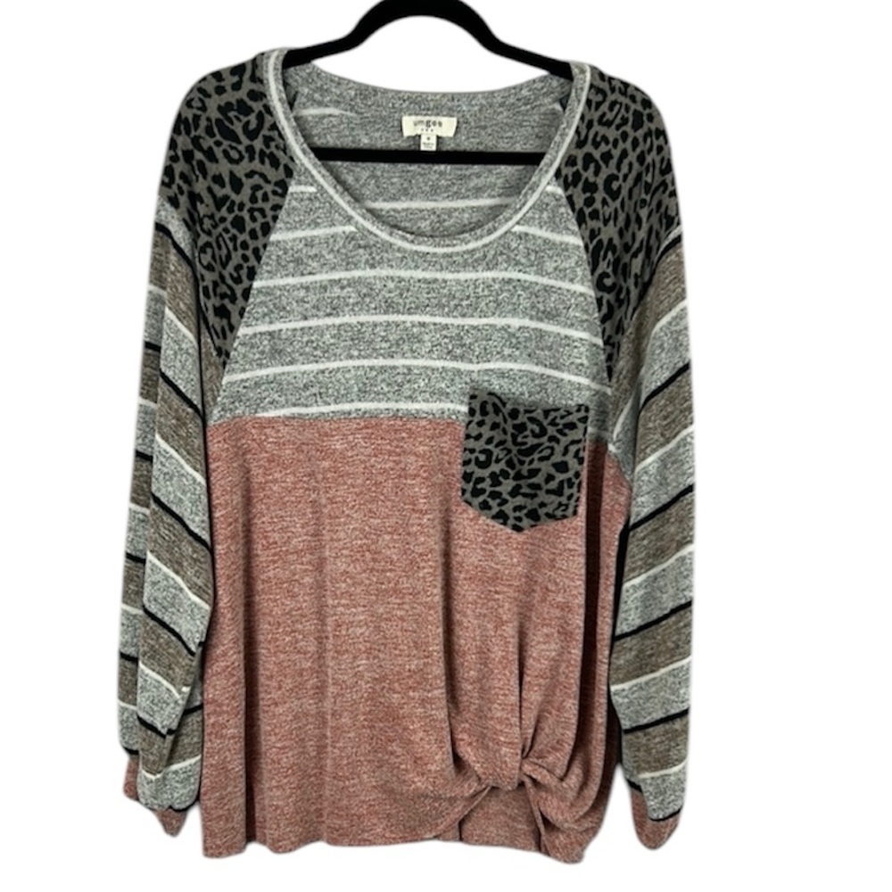Umgee Casual Leopard Print Striped Colourblock Long Sleeve Top Medium Multi